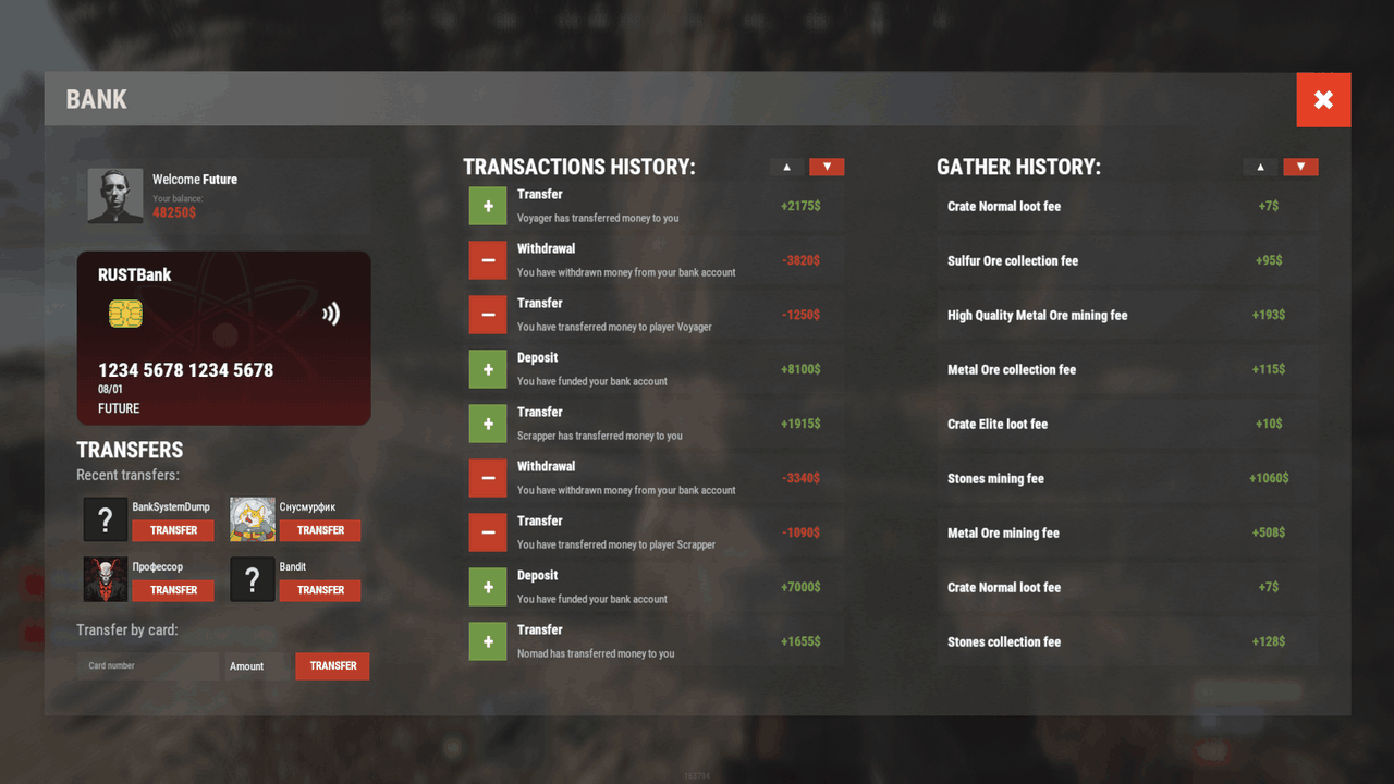 Bank System fullscreen window, new Rust template, and the select player modal